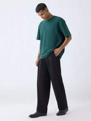 Nuon Black Solid Relaxed-Fit Mid-Rise Trousers