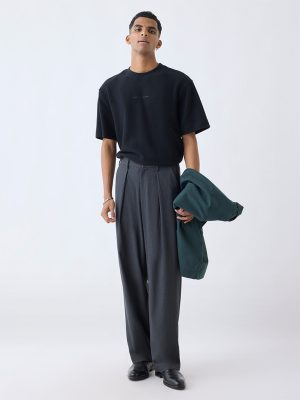 Nuon Charcoal Solid Relaxed-Fit Mid-Rise Trousers