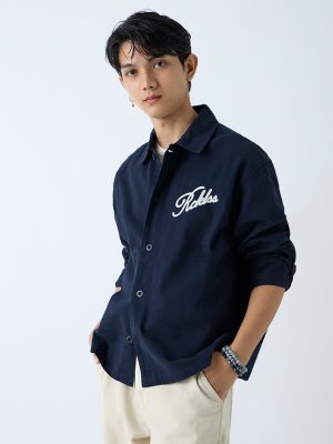 Nuon Navy Text Design Relaxed-Fit Cotton Shirt