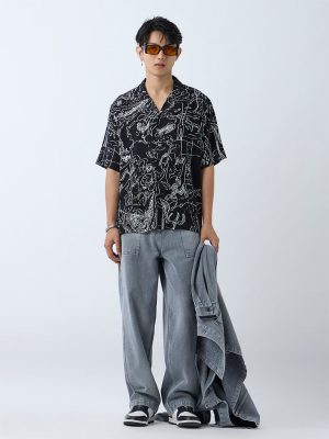 Nuon Black Abstract Pattern Relaxed-Fit Shirt