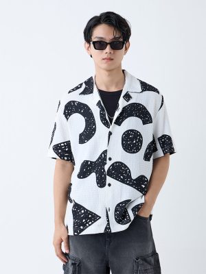 Nuon White Abstract Detailed Relaxed-Fit Shirt