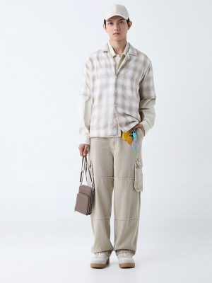 Nuon Beige Checkered Relaxed-Fit Cotton Shirt