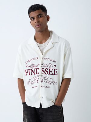 Nuon White Text Design Relaxed-Fit Cotton Shirt