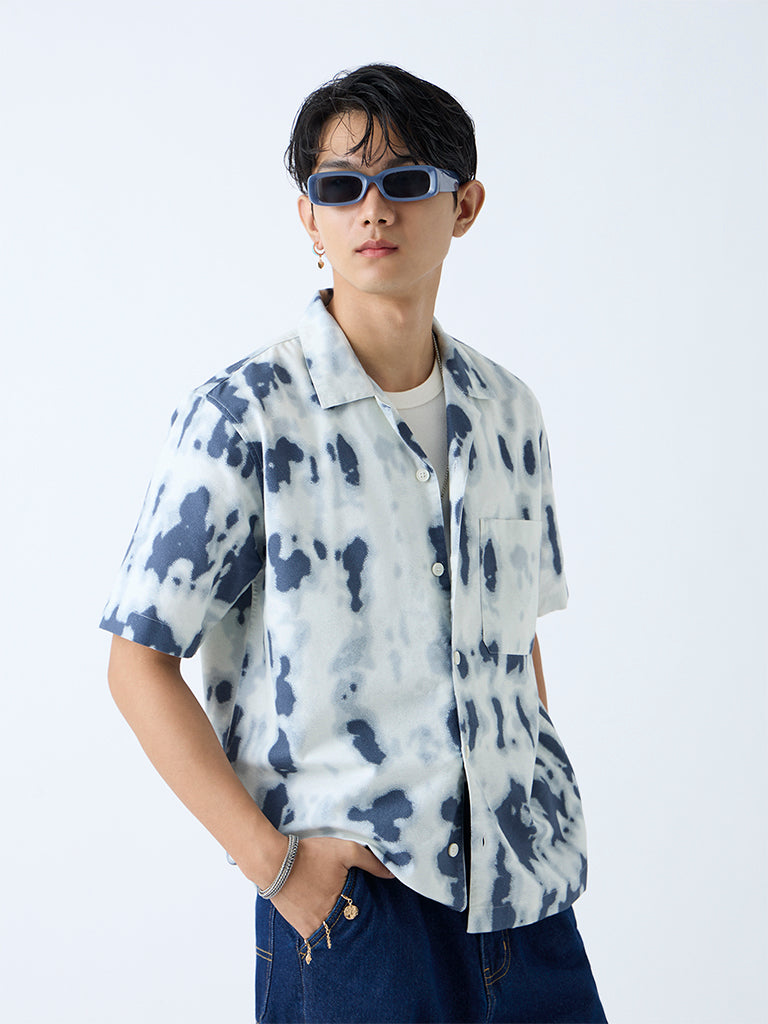 Nuon Indigo Abstract Printed Relaxed-Fit Cotton Shirt