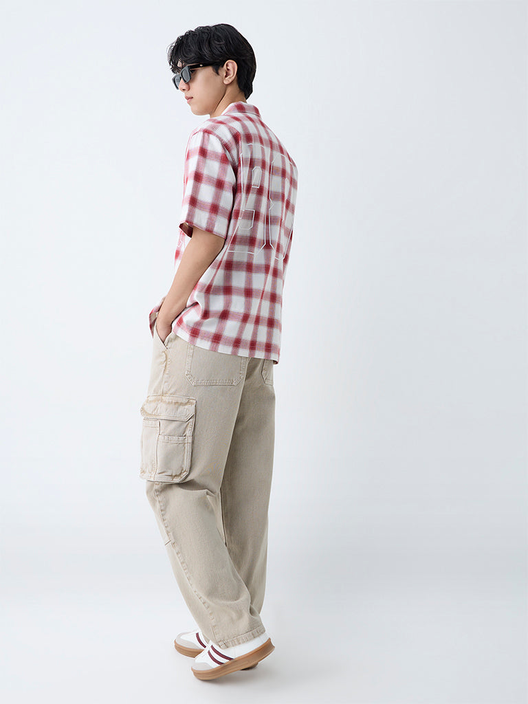 Nuon Red Checks Design Relaxed-Fit Cotton Shirt - Image 4