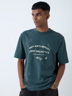 Nuon Green Text Pattern Relaxed-Fit Cotton T-Shirt