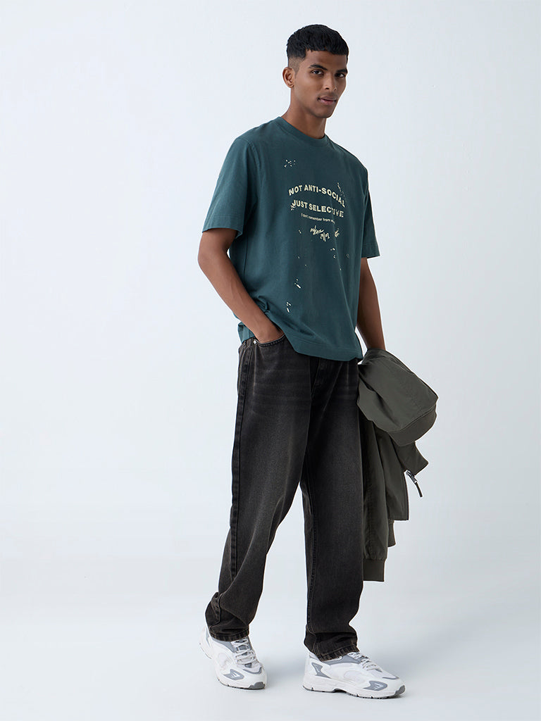 Nuon Green Text Pattern Relaxed-Fit Cotton T-Shirt - Image 2