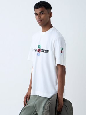 Nuon White Text Pattern Relaxed-Fit Cotton T-Shirt