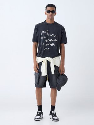 Nuon Black Text Detailed Relaxed-Fit Cotton T-Shirt