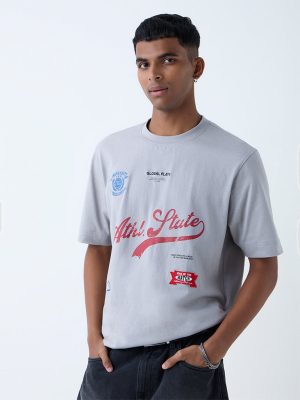 Nuon Grey Typographic Relaxed-Fit Cotton T-Shirt