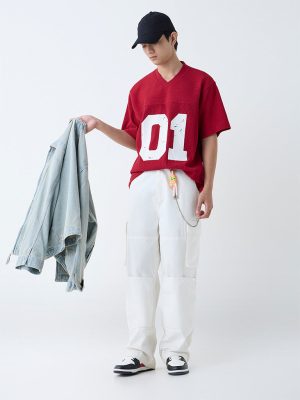 Nuon Red Numerical Design Ribbed Relaxed-Fit T-Shirt