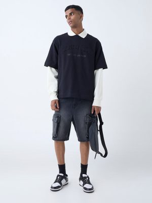 Nuon Black Text Detailed Relaxed-Fit Cotton T-Shirt