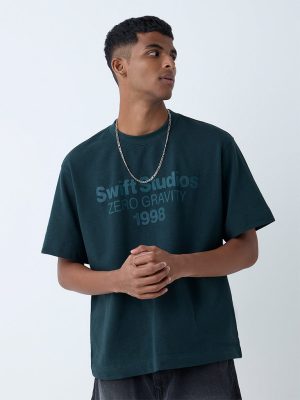 Nuon Teal Text Design Relaxed-Fit Cotton T-Shirt