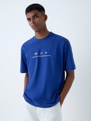 Nuon Blue Text Design Relaxed-Fit Cotton T-Shirt