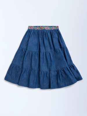 Utsa Kids Dark Blue Embroidered Tiered Cotton Skirt - (2-8yrs)