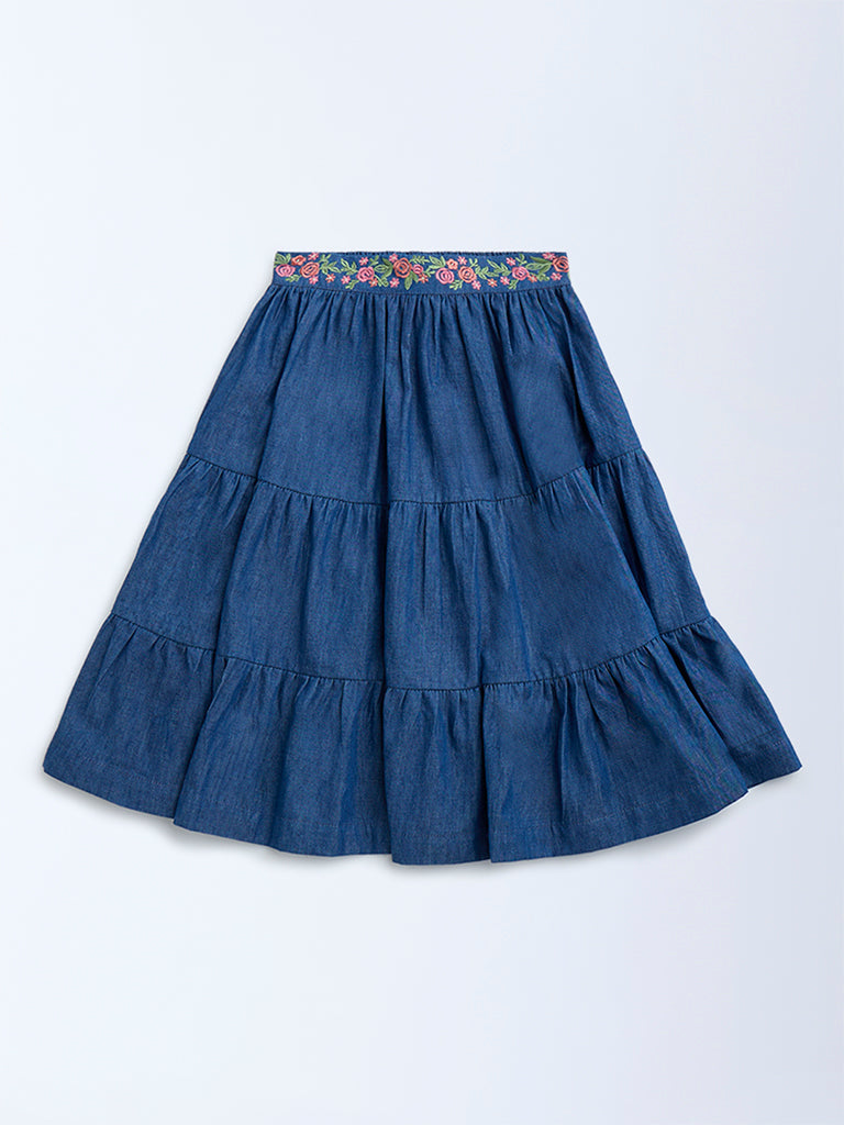 Utsa Kids Dark Blue Embroidered Tiered Cotton Skirt - (2-8yrs)