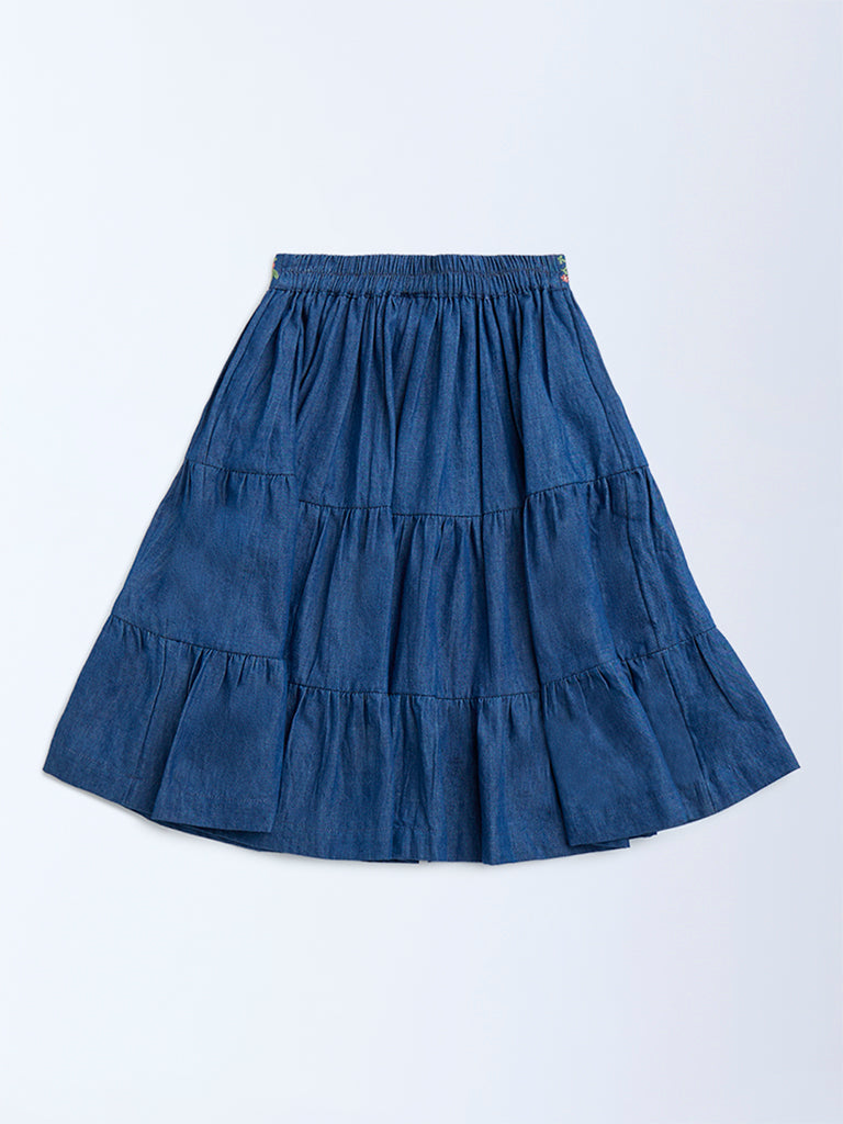 Utsa Kids Dark Blue Embroidered Tiered Cotton Skirt - (2-8yrs) - Image 2