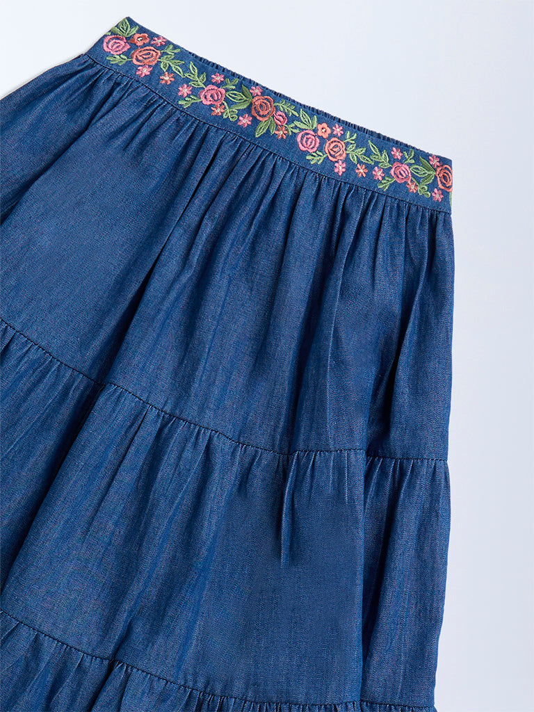 Utsa Kids Dark Blue Embroidered Tiered Cotton Skirt - (2-8yrs) - Image 3