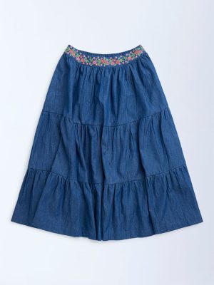 Utsa Kids Dark Blue Embroidered Tiered Denim Skirt - (8-14yrs)