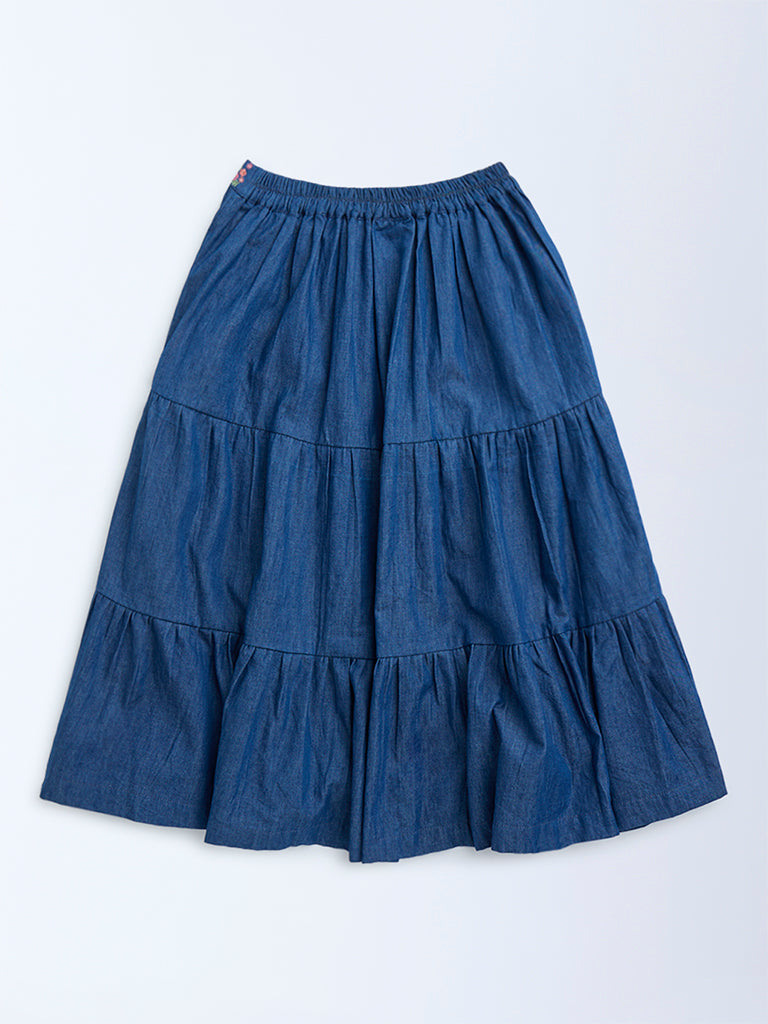Utsa Kids Dark Blue Embroidered Tiered Denim Skirt - (8-14yrs) - Image 2
