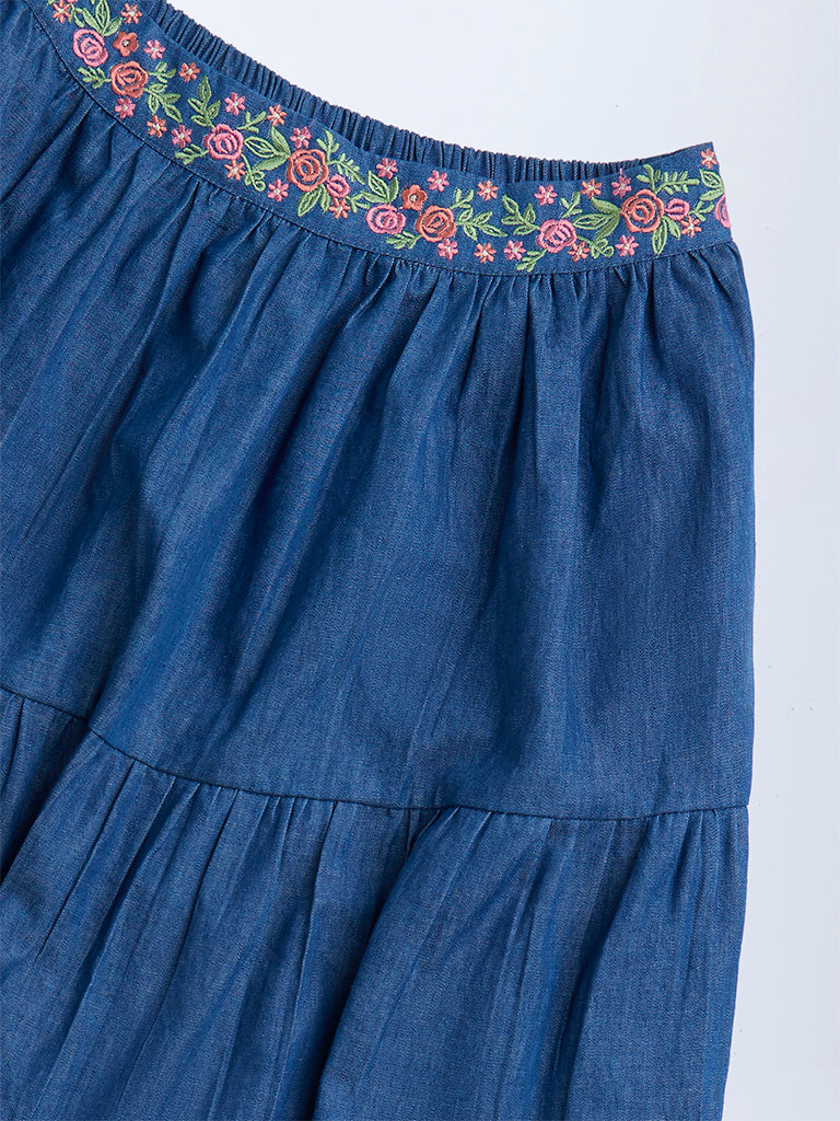 Utsa Kids Dark Blue Embroidered Tiered Denim Skirt - (8-14yrs) - Image 3