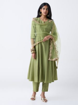 Vark Olive Solid Anarkali Ethnic Set