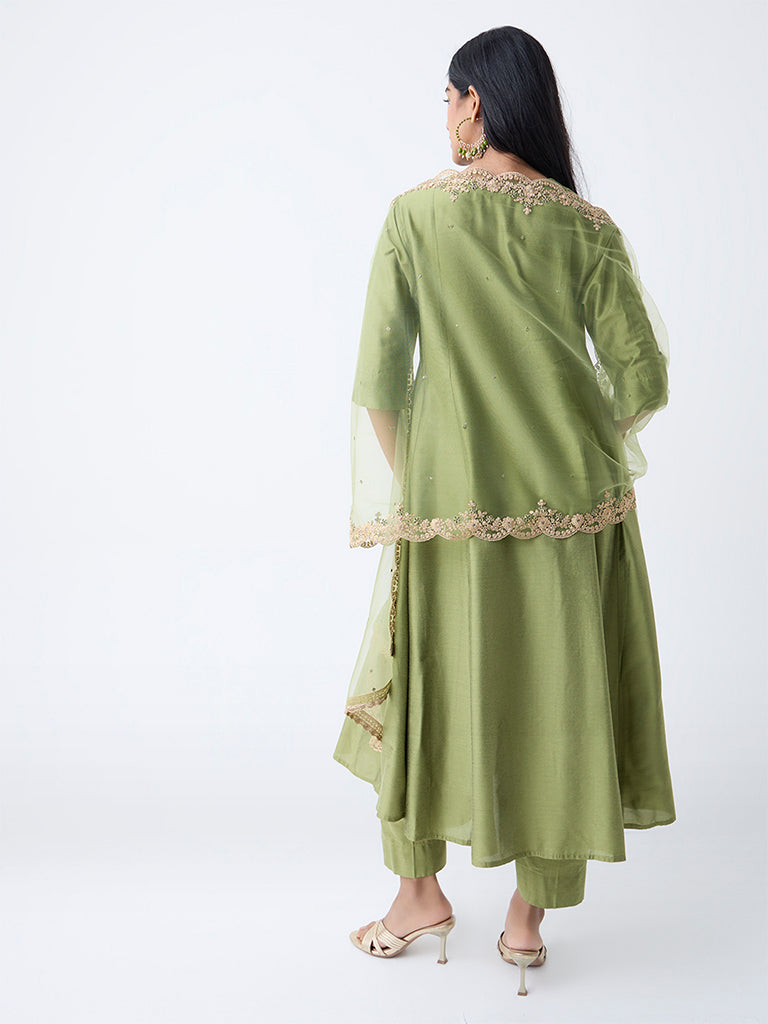 Vark Olive Solid Anarkali Ethnic Set - Image 4
