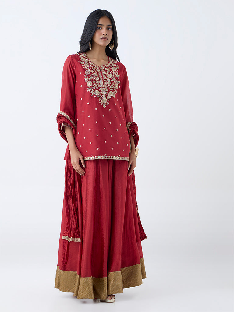Vark Maroon Floral Embroidered Cotton-Blend Ethnic Set - Image 2