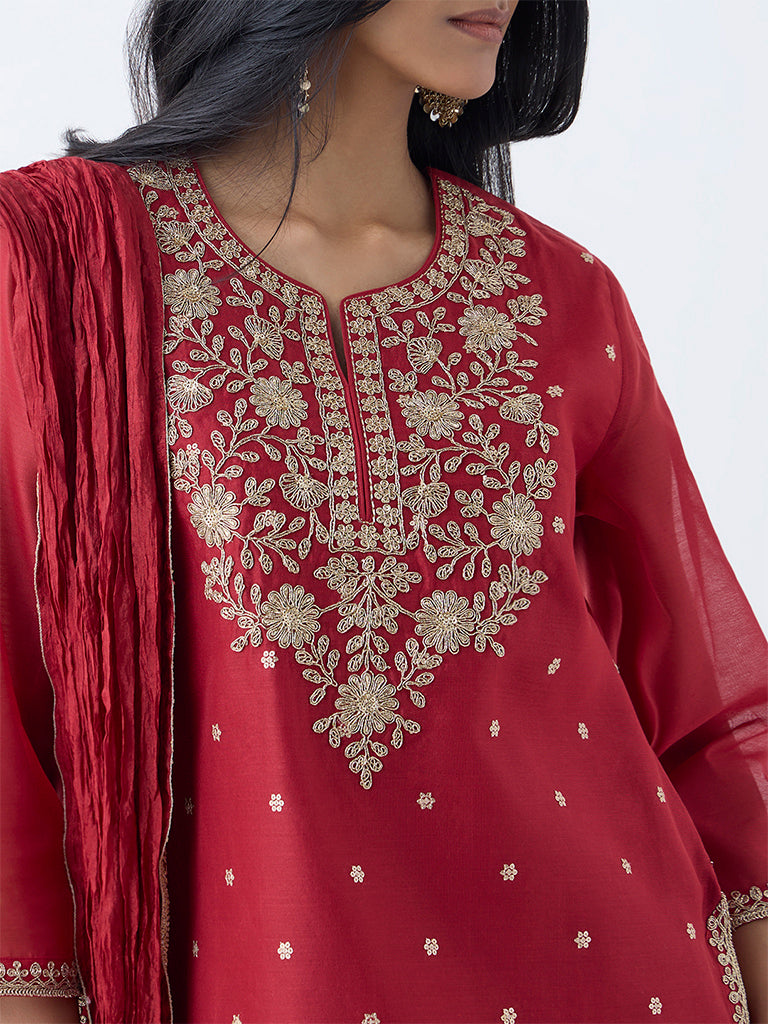 Vark Maroon Floral Embroidered Cotton-Blend Ethnic Set - Image 3
