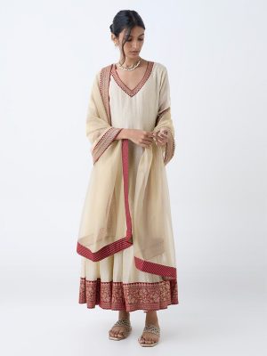 Vark Beige Sequin Embellished Anarkali Cotton-Blend Ethnic Set