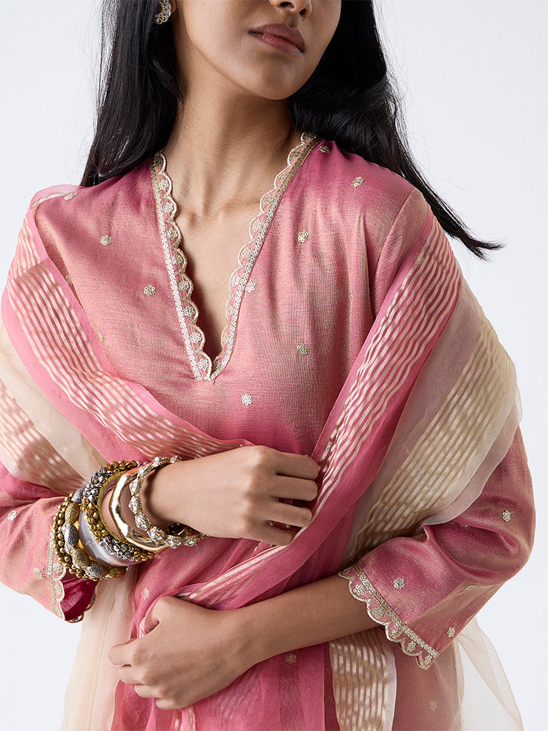 Vark Pink Sequin Embellished A-Line Ethnic Set - Image 3