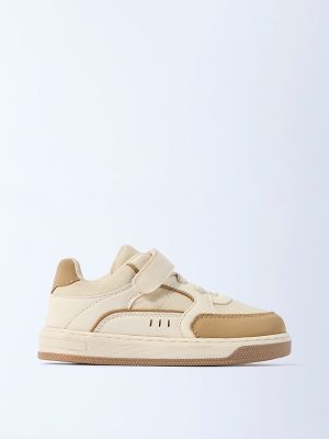 Yellow Beige Colour-Blocked Lace-Up Sneakers