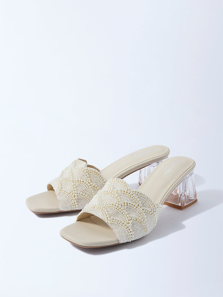 LUNA BLU Ivory Pearlescent Block-Heel Sandals - Image 3