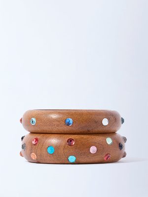 Westside Accessories Brown Studded Wooden Bangle Set - Pack of 2