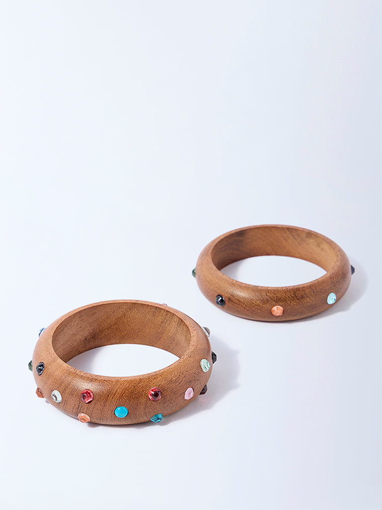 Westside Accessories Brown Studded Wooden Bangle Set - Pack of 2 - Image 2