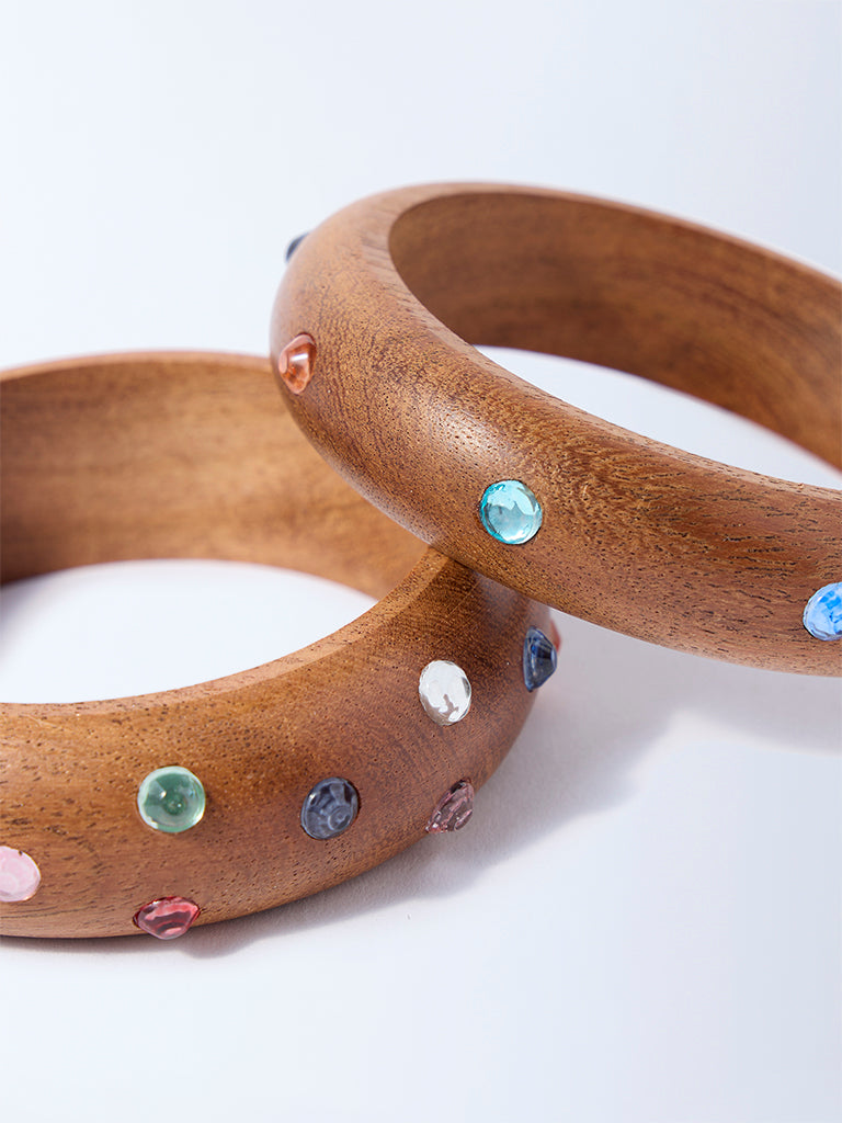 Westside Accessories Brown Studded Wooden Bangle Set - Pack of 2 - Image 3