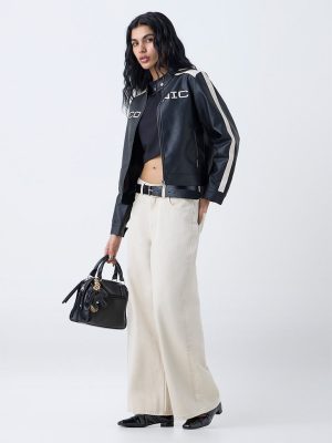 Nuon Black Text Design Faux Leather Jacket