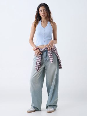 Nuon Light Blue Ribbed-Textured Top