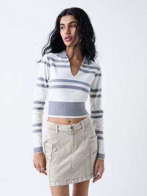 Nuon White Striped T-Shirt