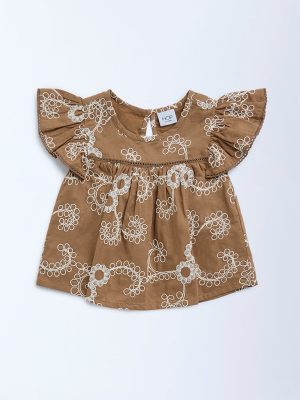 HOP Kids Brown Floral Embroidered Peplum Cotton Top