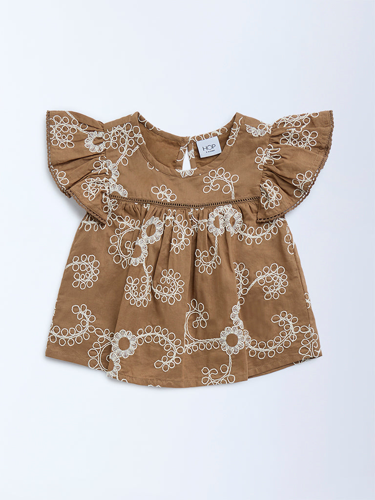 HOP Kids Brown Floral Embroidered Peplum Cotton Top