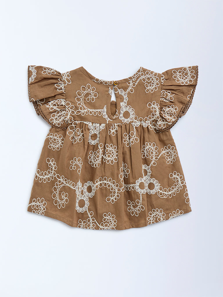 HOP Kids Brown Floral Embroidered Peplum Cotton Top - Image 2