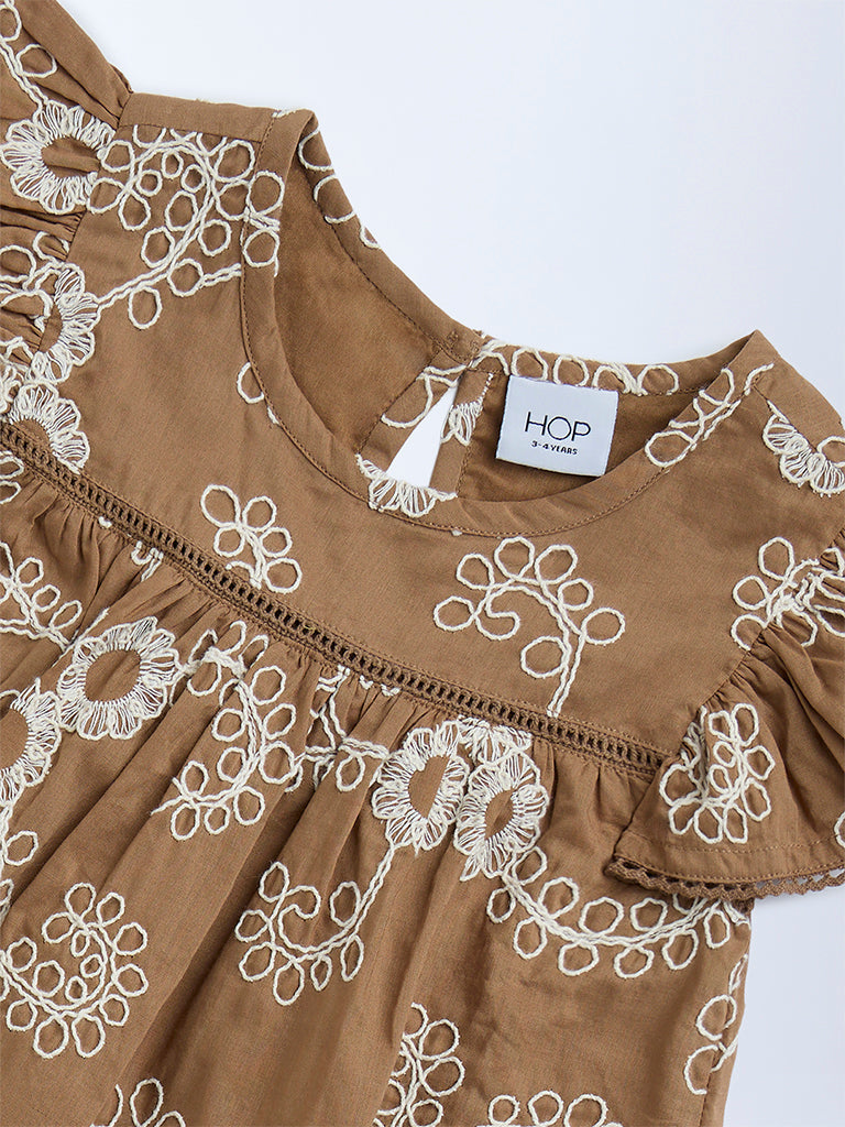 HOP Kids Brown Floral Embroidered Peplum Cotton Top - Image 3