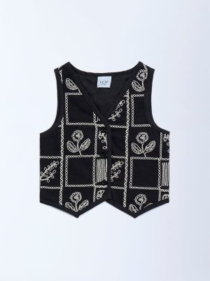 HOP Kids Black Floral Embroidered Cotton Vest Top