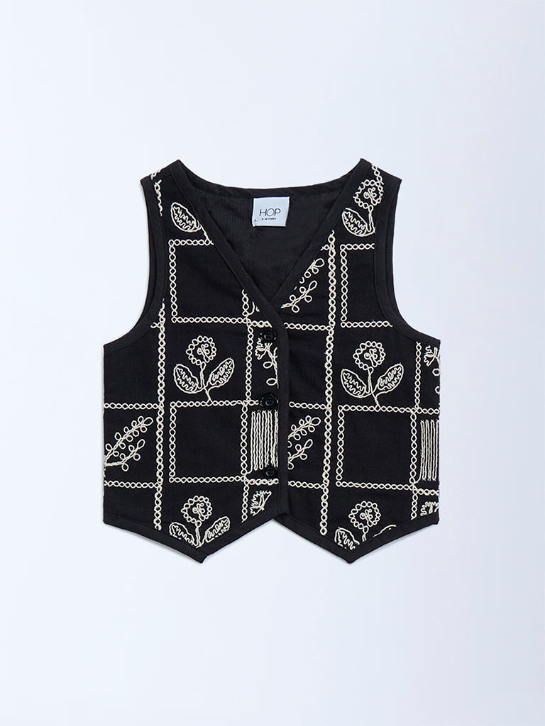 HOP Kids Black Floral Embroidered Cotton Vest Top
