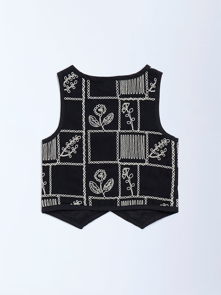 HOP Kids Black Floral Embroidered Cotton Vest Top - Image 2