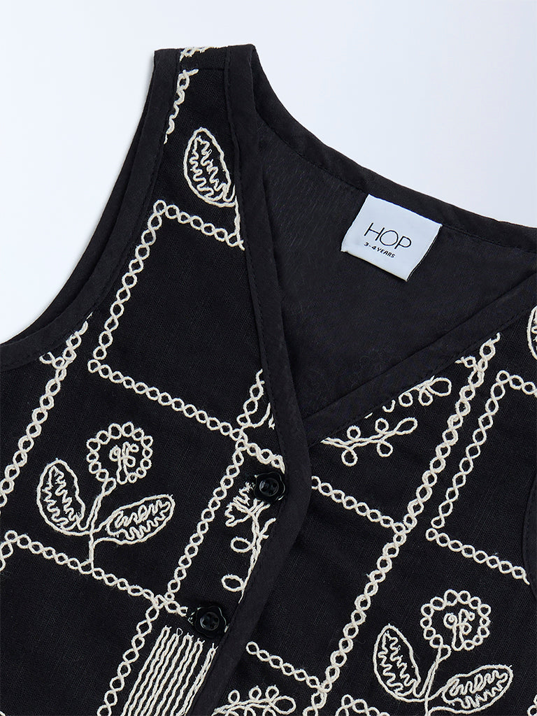 HOP Kids Black Floral Embroidered Cotton Vest Top - Image 3