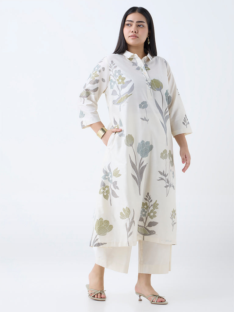Diza Off-White Floral Design Straight Kurta - Image 2