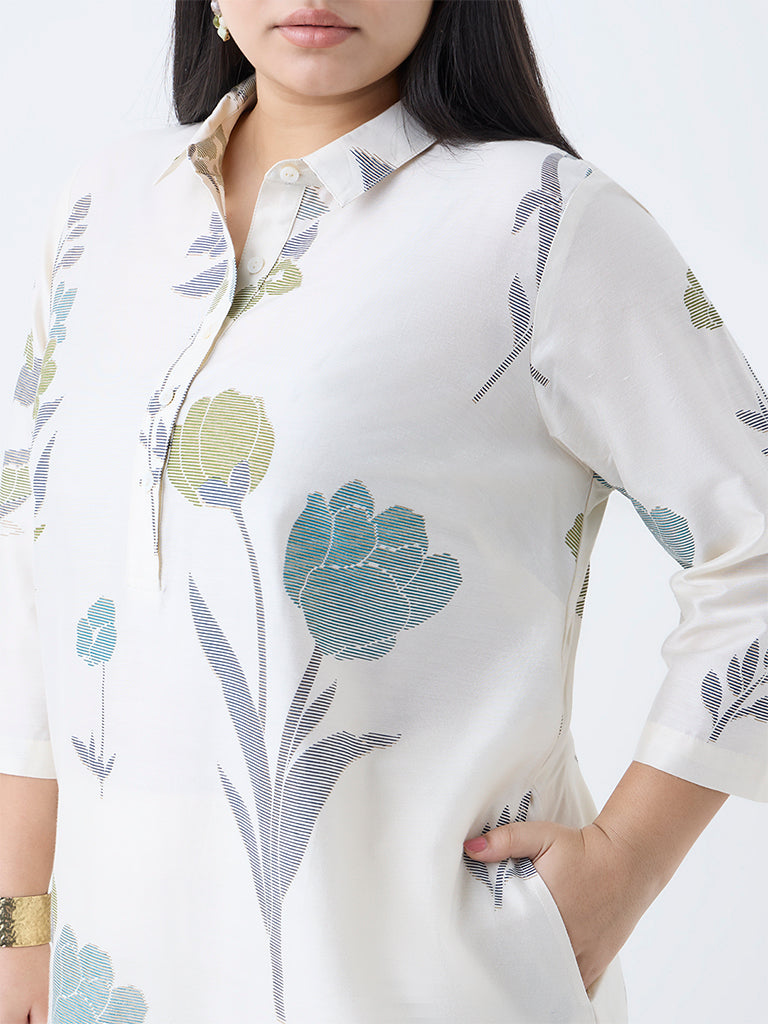 Diza Off-White Floral Design Straight Kurta - Image 3