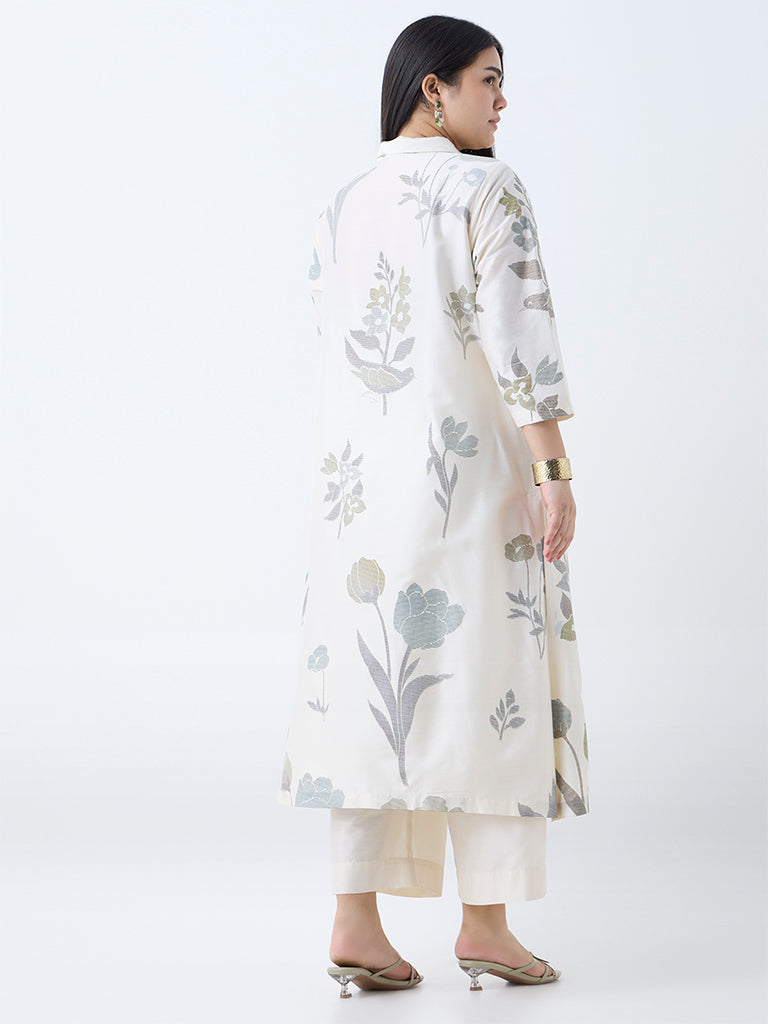 Diza Off-White Floral Design Straight Kurta - Image 4